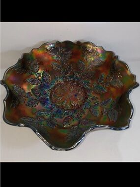 Early 1900’s Fenton Electric Blue Carnival Glass Ruffled Bowl Holly and Berry